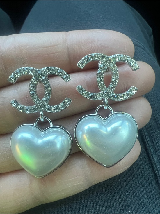 CHANEL Jewelry - CHANEL Silver Crystal CC Logo Earrings with Iridescent White Heart Drops